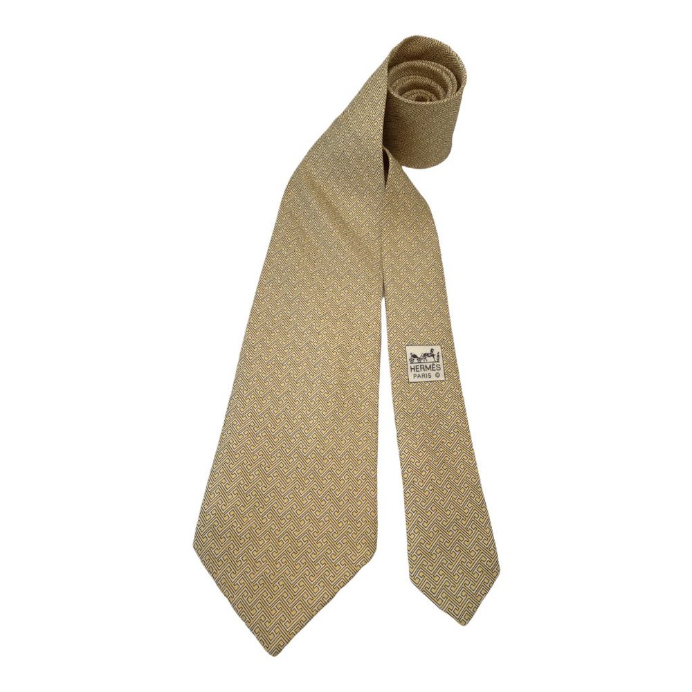 HERMES PARIS Yellow Geometric Print Tie Silk France 60"/ 3".3/4 EX COND - Picture 2 of 7